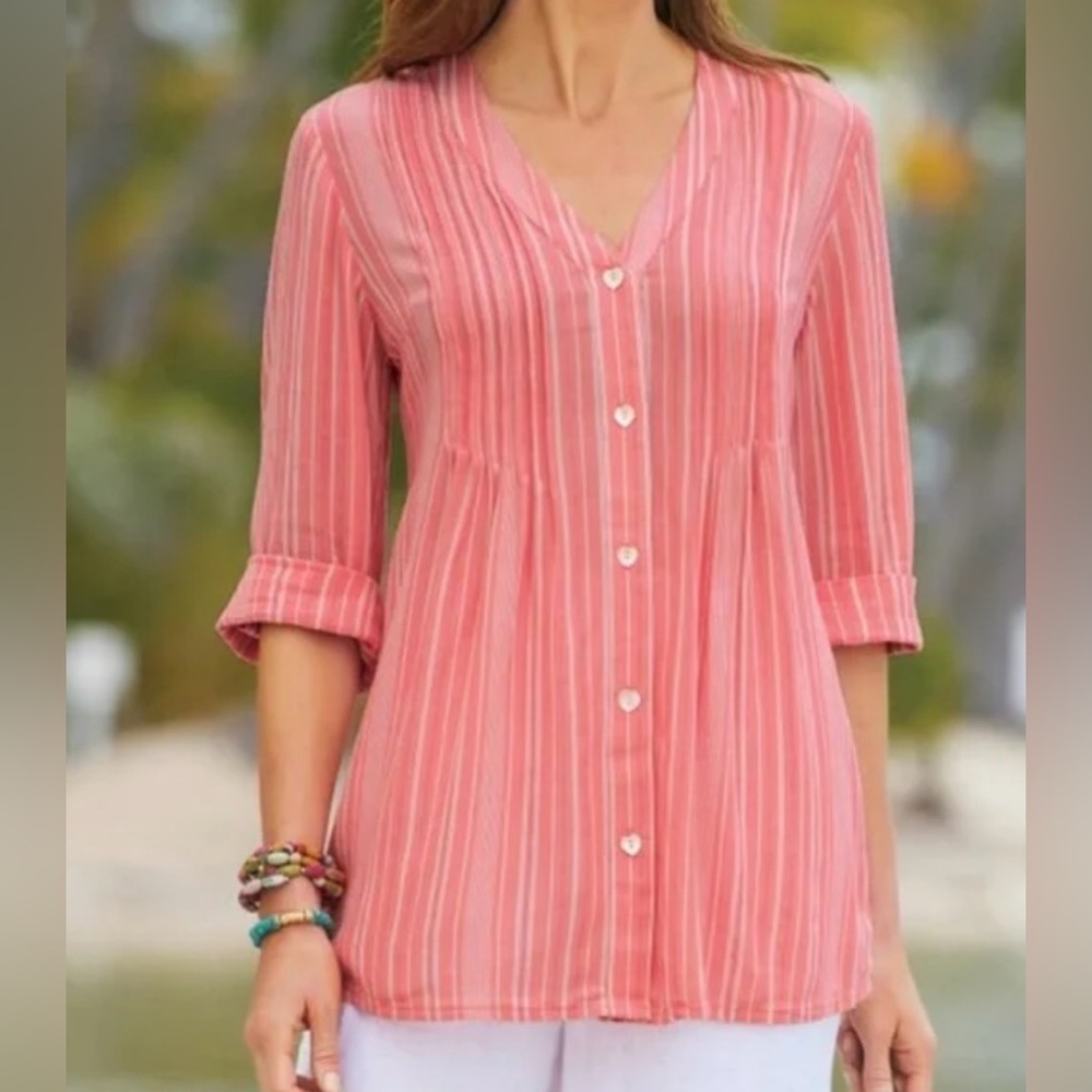 Soft Surroundings Amandine Striped Coral Heart Button Tunic, Size Large (L)
